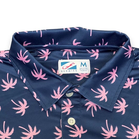 Bermies Men's Navy & Pink Palm Tree Polo Size Medium - Picture 5 of 5